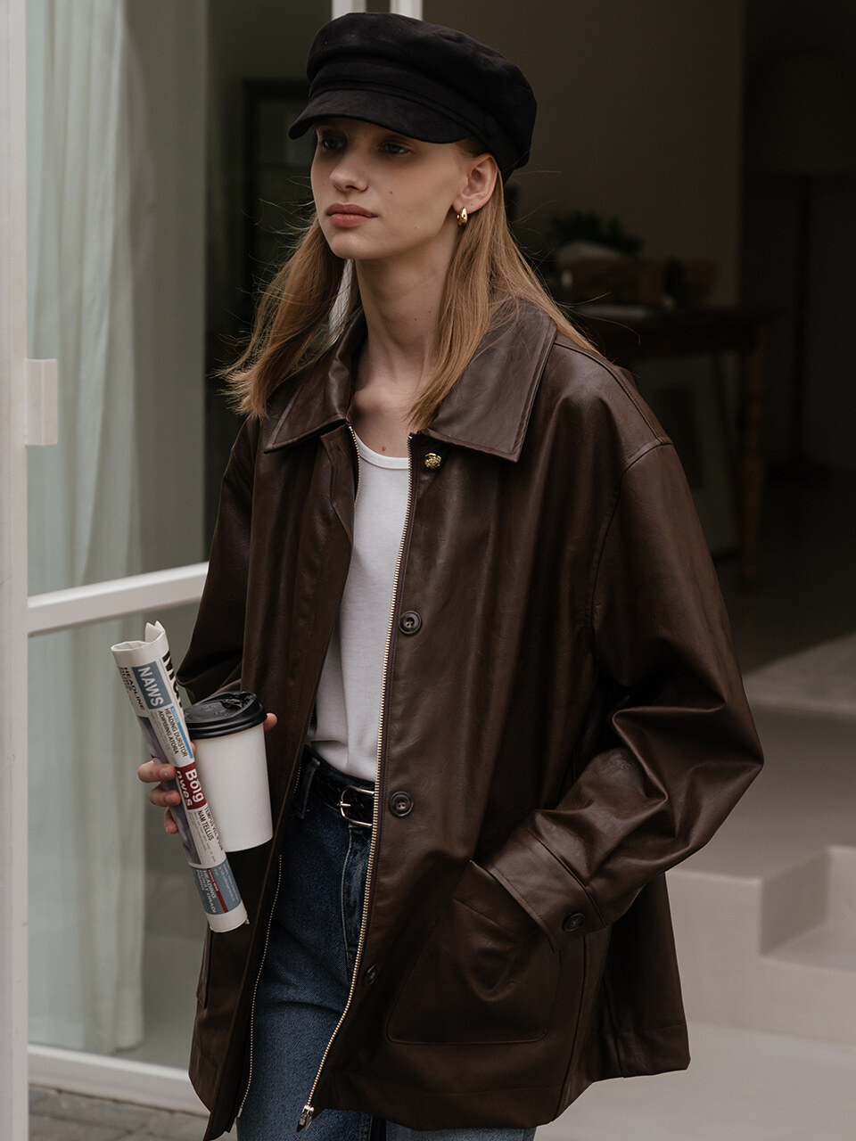 [앤믹스해원 착용]Eco leather pocket jacket_Brown