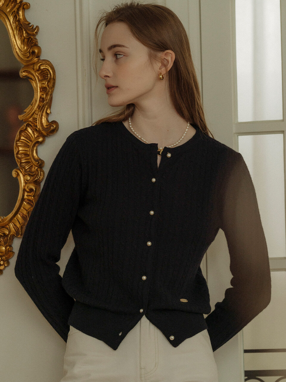 Cashmere pearl button cable cardigan_Black