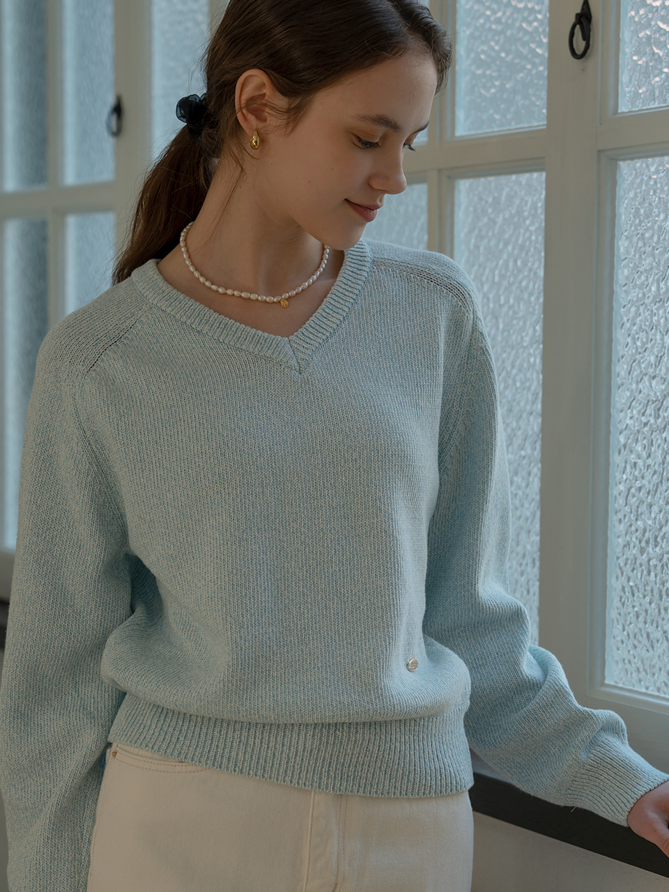 V-neck cotton knit_Skyblue