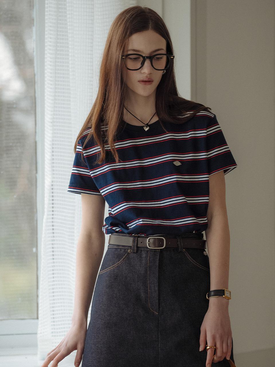 [M예약배송]Multi stripe cotton t-shirt_Navy